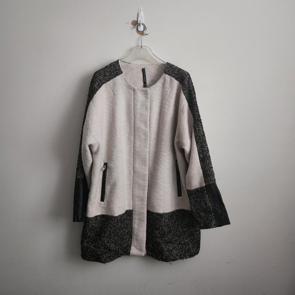 WALTER BAKER | Wool Tweed Faux leather jacket coat black cream sz L - Picture 1 of 7